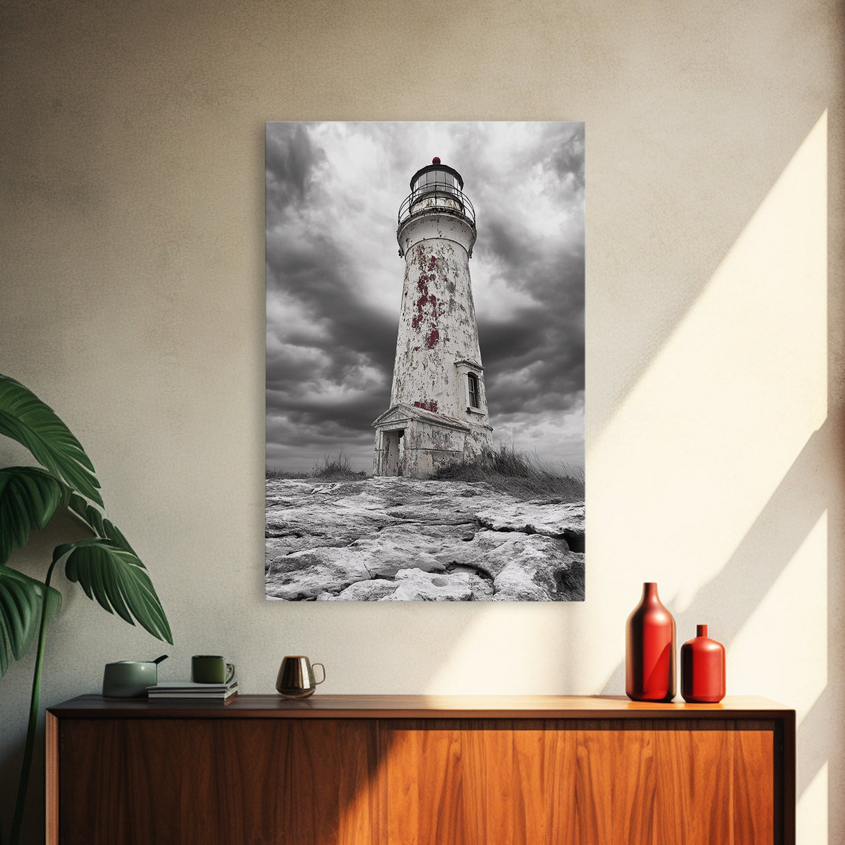 Rustic Lighthouse Shore, Weathered Tower Art, Stormy Coast Scene, Moody Seaside, Framed Canvas Print, nautical bathroom or den wall decor