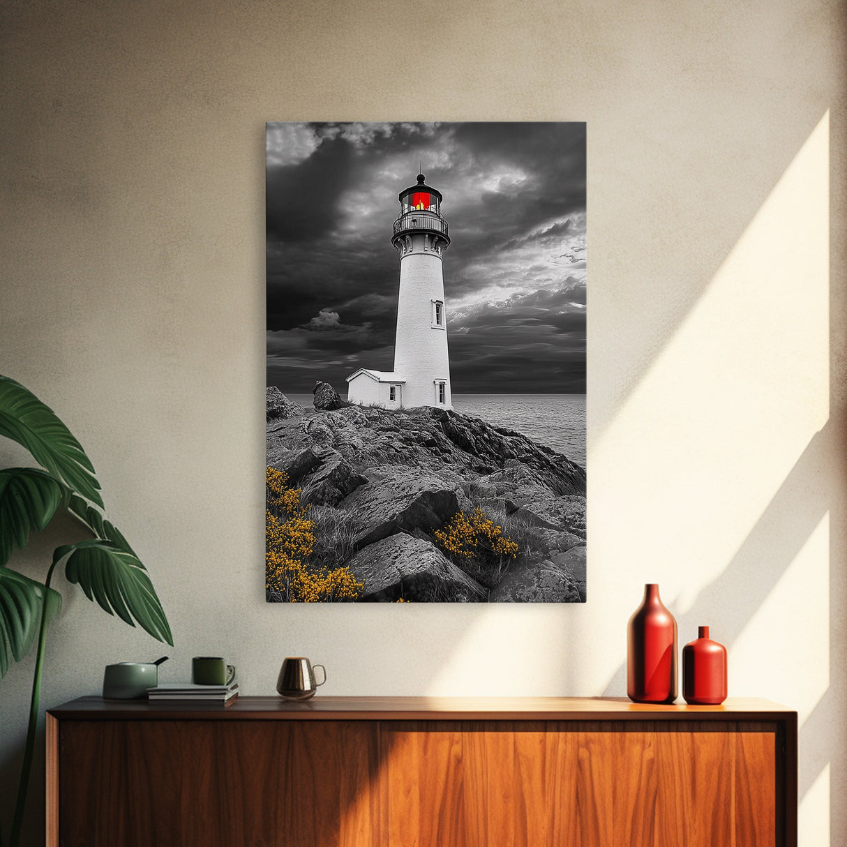 Red Beacon Lighthouse, Rocky Coast Light, Dramatic Storm Sky, Ocean Guide, Framed Canvas Print, nautical office wall art, bold coastal art