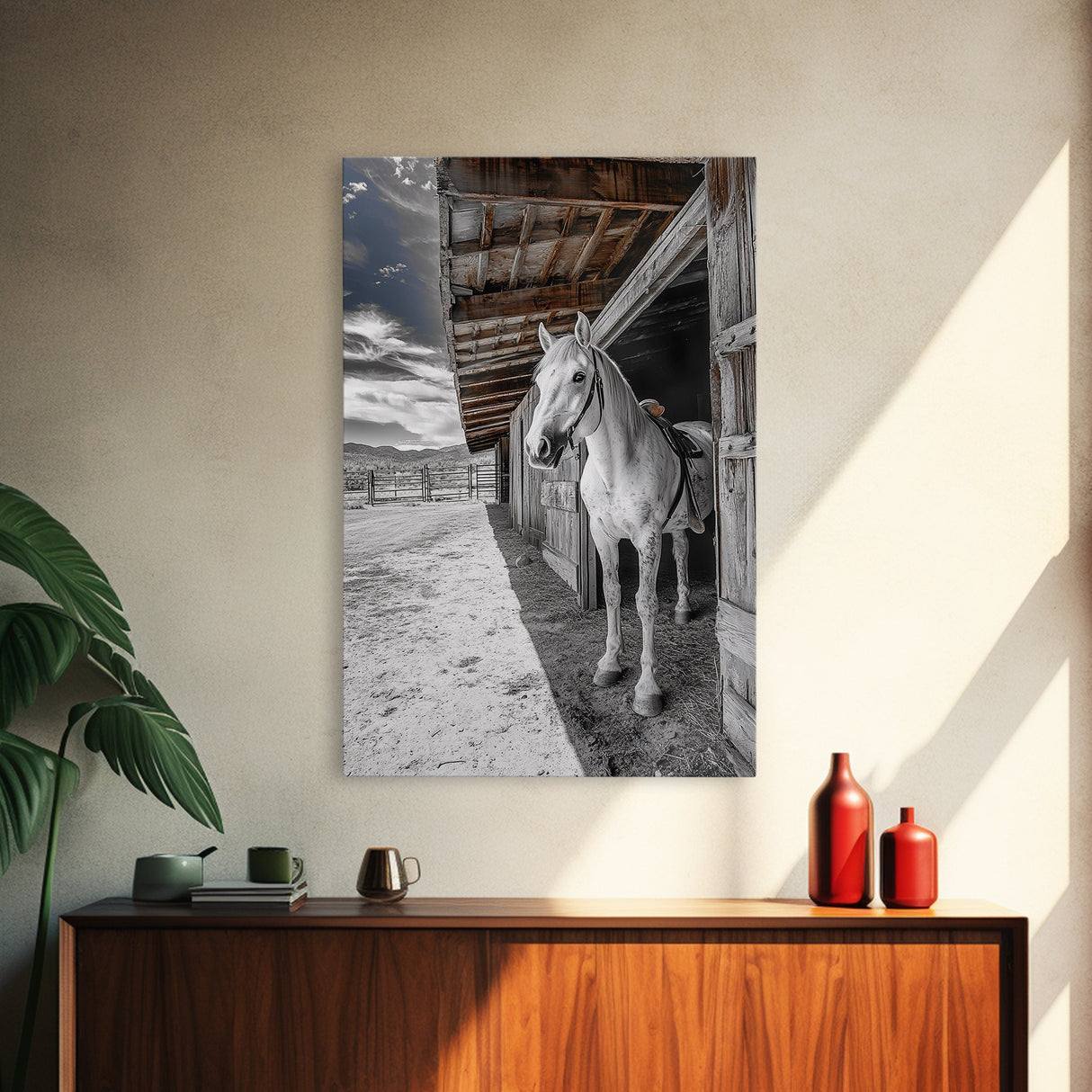 White Horse, Western Ranch, Rustic Stable, Cowboy Framed Canvas Print, Farmhouse Wall Art, Country Living Room Decor, Black White Art