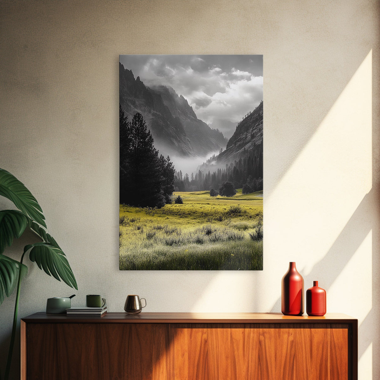 Yellow Meadow Valley, Foggy Mountain Scene, Serene Landscape Photography, Framed Canvas Print, Nature Lover Living Room Wall Art