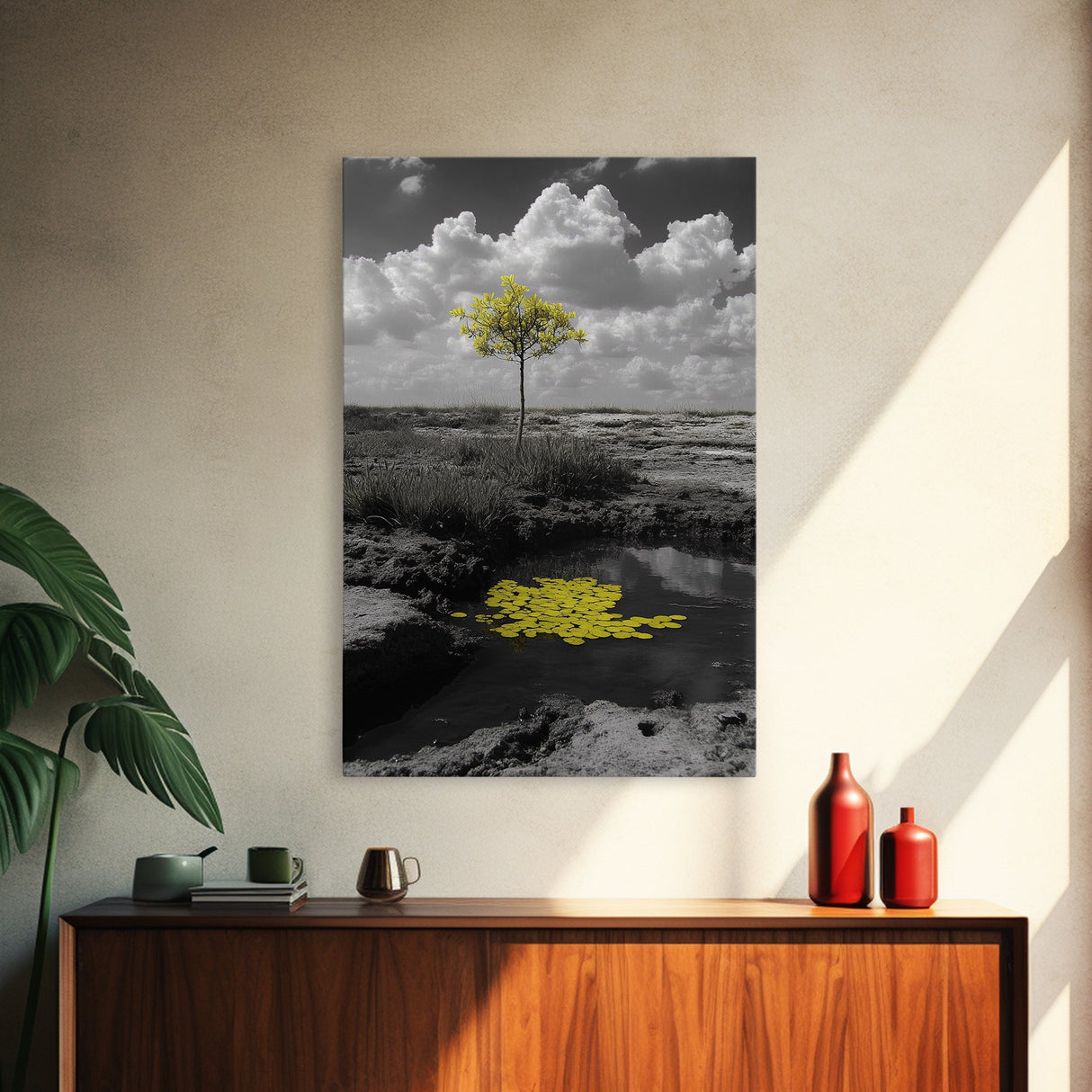 Solitary Tree, Desert Reflection, Yellow Leaves, Framed Canvas Print, Minimalist Wall Art, Bedroom Decor, Nature Fine Art Landscape