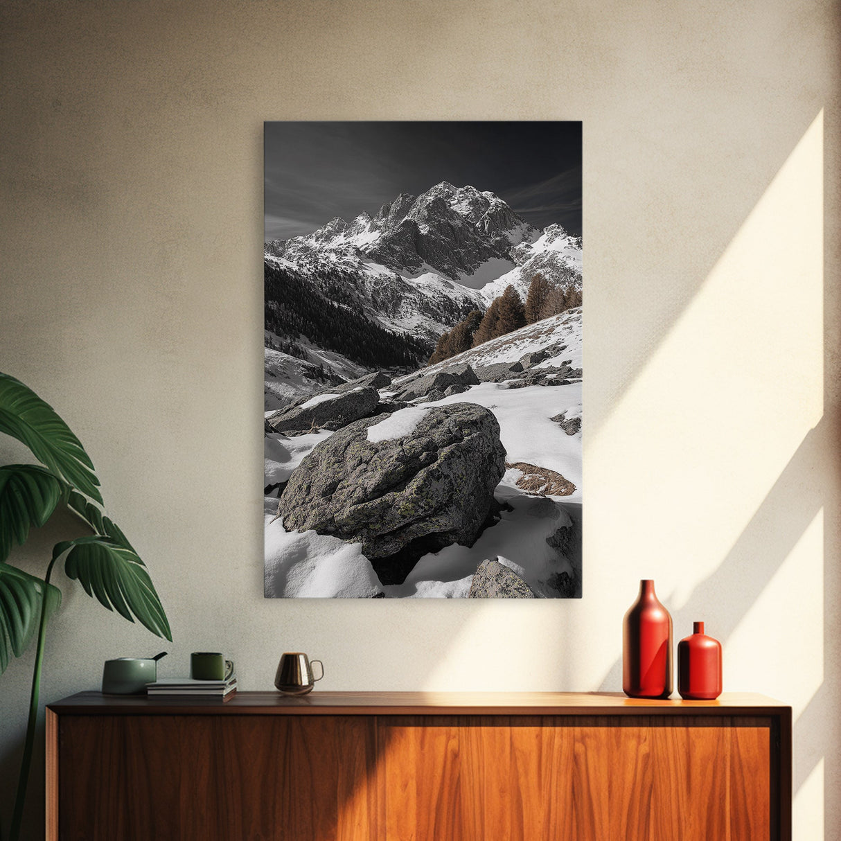 Snowy Alpine Scene, Winter Mountainscape, Nature Photography, Framed Canvas Print, Lodge Wall Art, Cabin Decor, Black and White Art