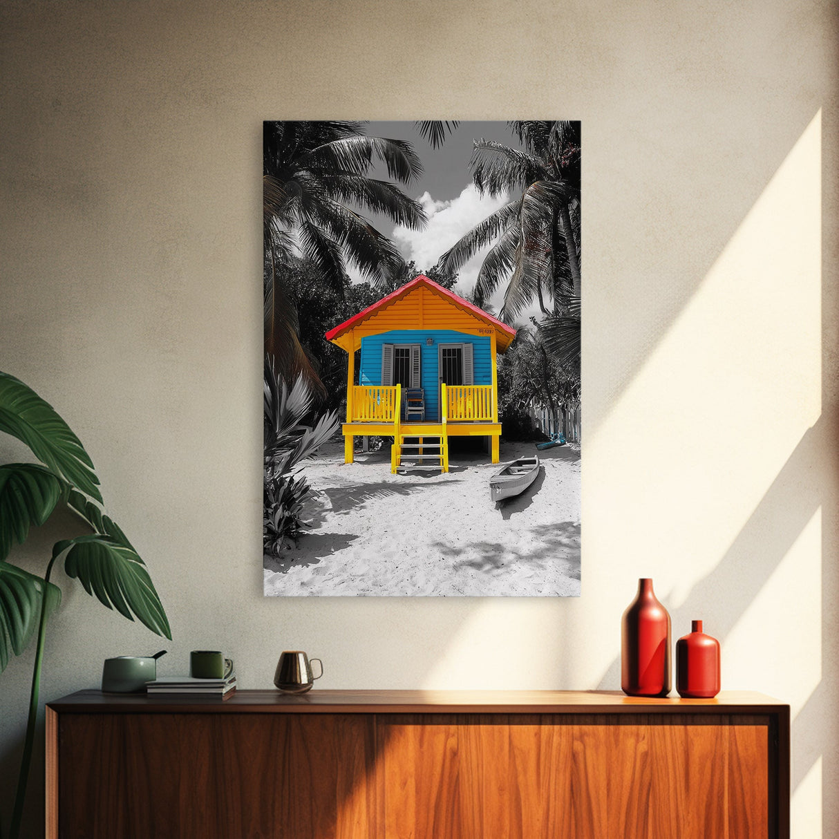 Tropical House, Beach Cabin, Bright Home, Summer Colors, Framed Canvas Print coastal wall decor, boho beach house art, tropical wall art