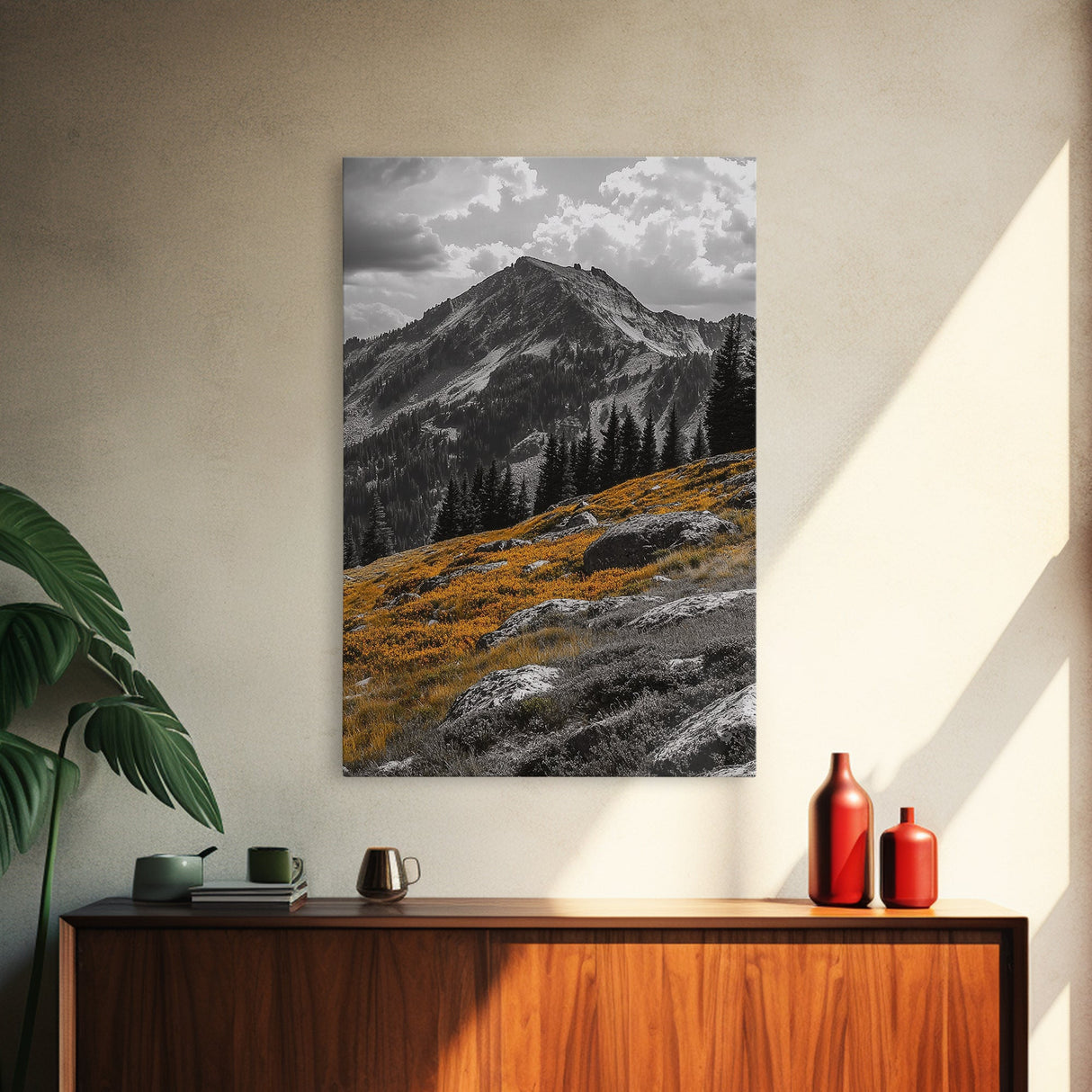 Mountain Peak, Alpine Landscape, Autumn Meadow, Framed Canvas Print, Fall Wall Art, Rustic Cabin Decor, Nature Photography, Living Room