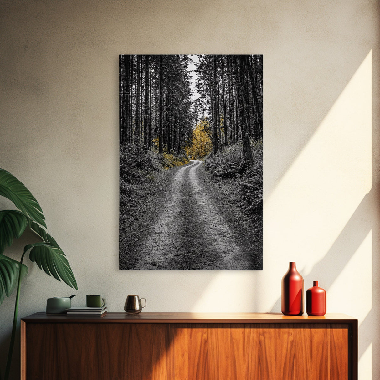 Forest Path, Yellow Trees, Autumn Trail, Framed Canvas Print, Fall Wall Art, Woodland Nature Decor, Cozy Home Accent, Entryway Artwork