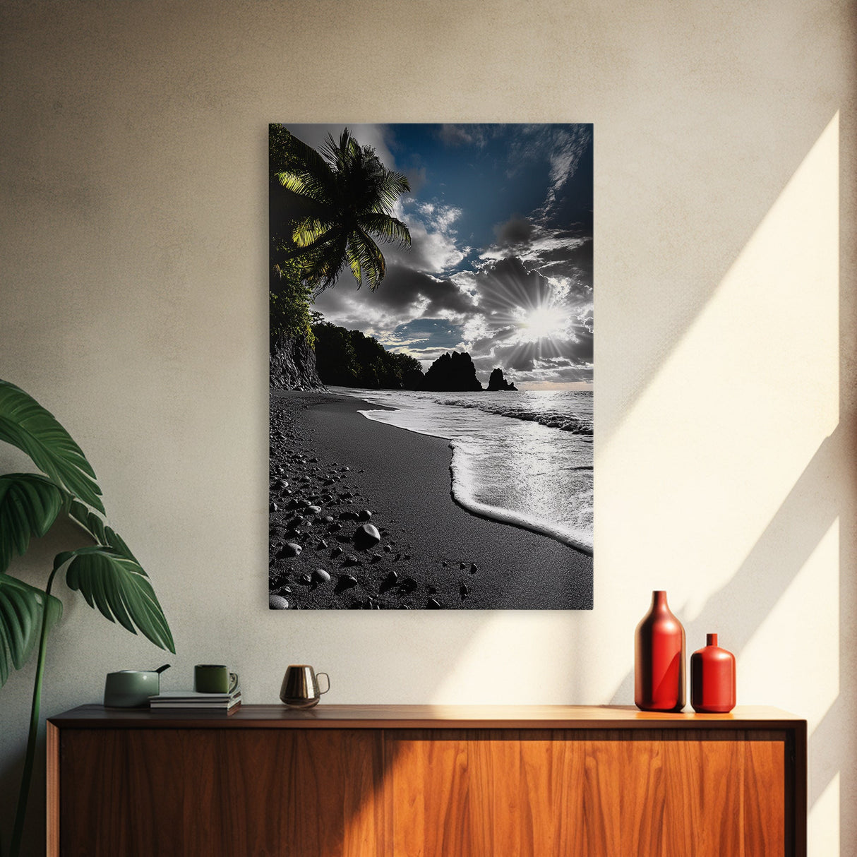 Sunset Beach, Rocky Coast, Dramatic Sky, Bold Light, Framed Canvas Print tropical sunset wall art, beach photography, bathroom decor