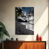 Sunset Beach, Rocky Coast, Dramatic Sky, Bold Light, Framed Canvas Print tropical sunset wall art, beach photography, bathroom decor