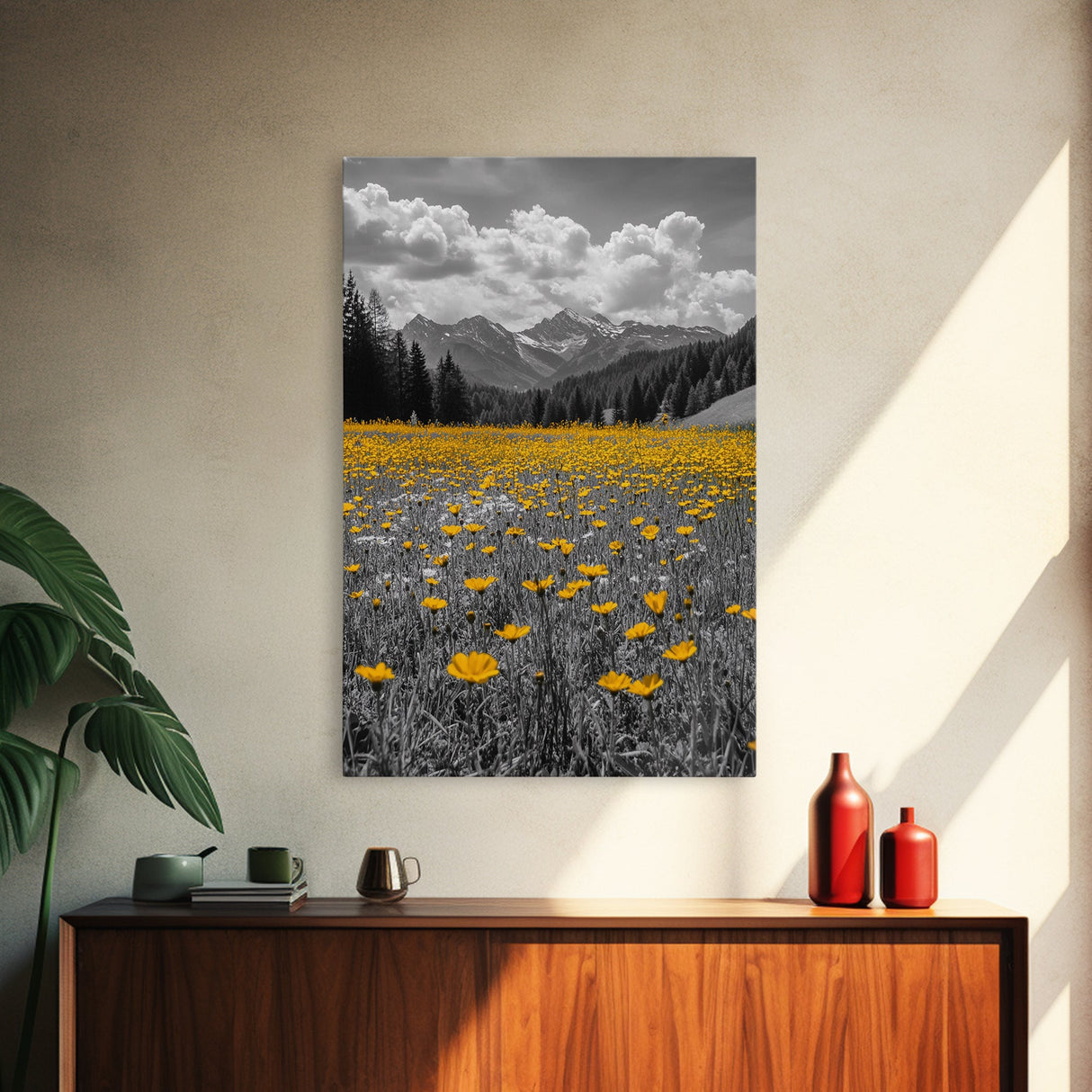 Yellow Wildflowers, Mountain Field, Blooming Meadow, Framed Canvas Print, Nature Photography, Rustic Decor, Dining Room Wall Art