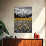 Yellow Wildflowers, Mountain Field, Blooming Meadow, Framed Canvas Print, Nature Photography, Rustic Decor, Dining Room Wall Art