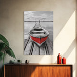 Red Rowboat, Dock Stillness, Minimalist Lake Scene, Canvas Print, Nautical Wall Art, Bathroom Decor, Tranquil Seascape, Coastal Aesthetic