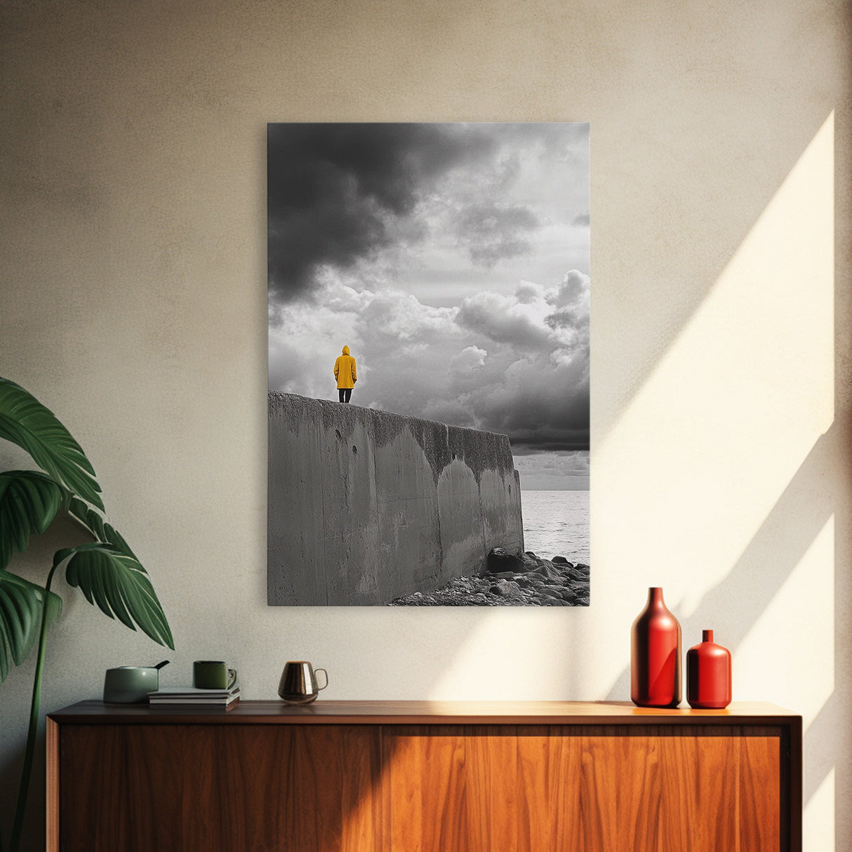 Yellow Raincoat, Ocean Storm, Moody Skies, Framed Canvas Print, Minimalist Wall Art, Coastal Entryway Decor, Contemplative Scene