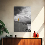 Yellow Raincoat, Ocean Storm, Moody Skies, Framed Canvas Print, Minimalist Wall Art, Coastal Entryway Decor, Contemplative Scene