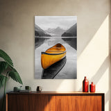Yellow Canoe Lake, Misty Mountain Art, Canvas Print, Adventure Decor, Cabin Living Wall Art, Rustic Landscape Photo