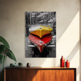 Stacked Kayaks, Red and Yellow, Forest Wall Art, Canvas Print, Adventure Photography, Outdoor Cabin Decor, Fall Travel Vibes