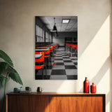 Retro Cafeteria, Red Chairs, Midcentury Modern Art, Canvas Print, Black and White Pop Art, Kitchen Wall Decor, Industrial Style