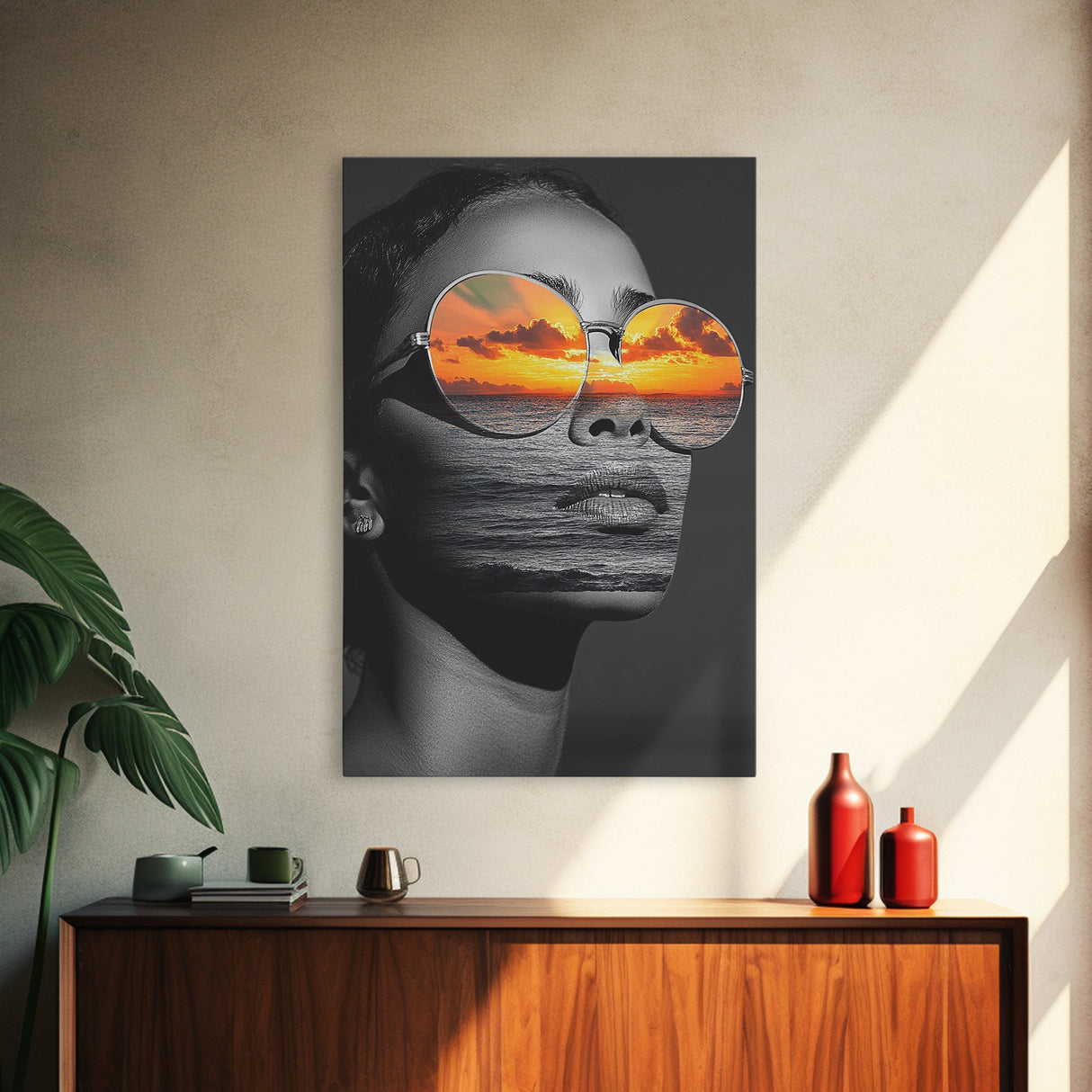 Surreal Sunset Face, Ocean Reflection, Fashion Photography, Abstract Beauty, Framed Canvas Print, Bedroom Wall Art, Modern Pop Art