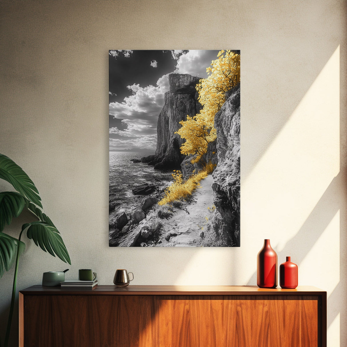 Golden Trees, Dramatic Cliff Path, Ocean Horizon, Nature Escape, Framed Canvas Print, Rustic Wall Art, Autumn Decor, Entryway Art