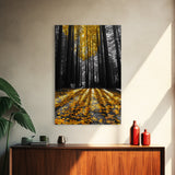 Golden Forest Light, Fall Leaves, Tall Trees Shadows, Tranquil Scene, Framed Canvas Print, Autumn Wall Art, Boho Living Room Decor