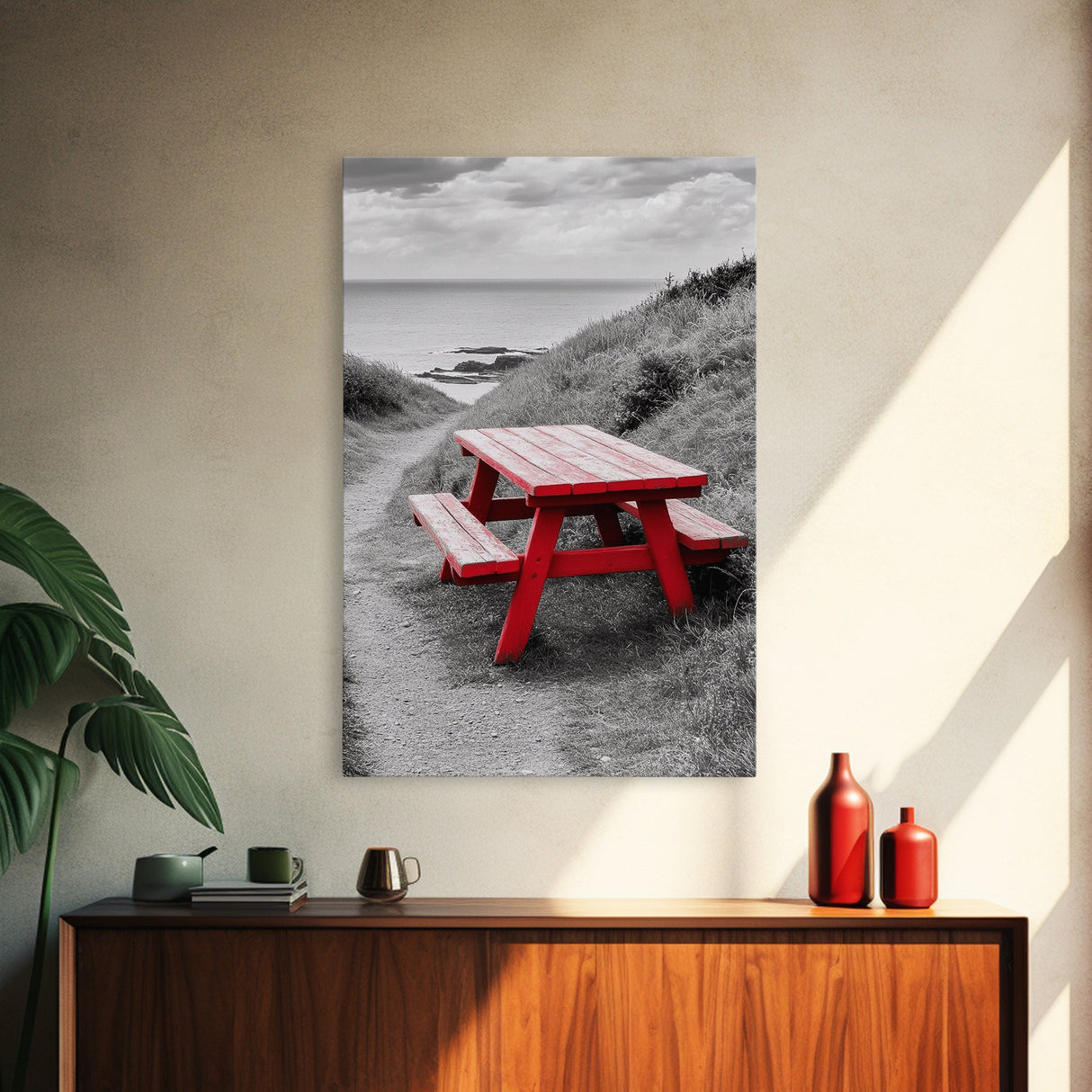 Red Picnic Bench, Ocean View Path, Seaside Escape, Vibrant Accent, Framed Canvas Print, Beach House Wall Art, Modern Coastal Decor