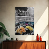 Island View, Coral Reef, Overwater Split Scene, Framed Canvas Print, Coastal Wall Art, Beach House Decor, Ocean Landscape Art