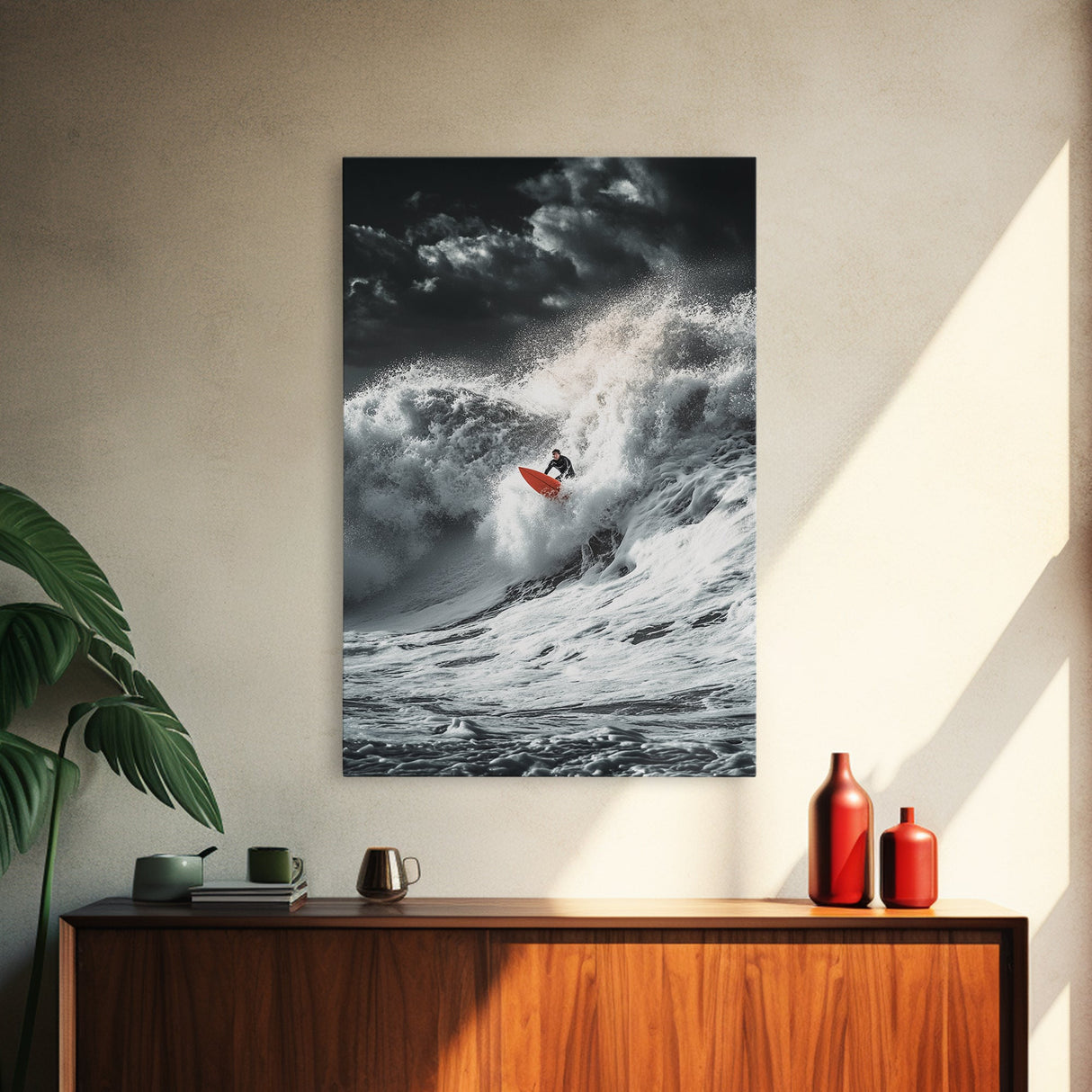 Surfer Wave, Ocean Power, Extreme Sports Art, Framed Canvas Print, Beach House Decor, Surfing Wall Art, Coastal Adventure Scene