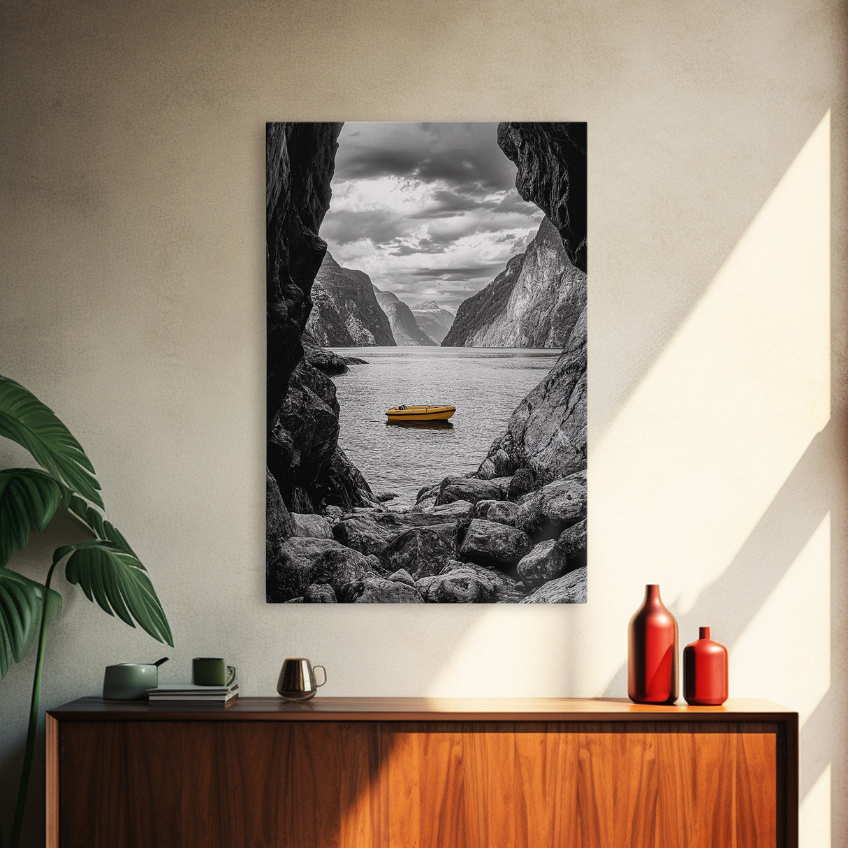 Yellow Boat, Mountain Lake, Serene Fjord Scene, Framed Canvas Print, Minimalist Wall Art, Nature Landscape, Scandinavian Decor