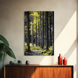 Yellow Forest, Tall Pines, Woodland Scene, Framed Canvas Print, Modern Nature Wall Art, Cabin Living Room Decor, Fall Forest Art