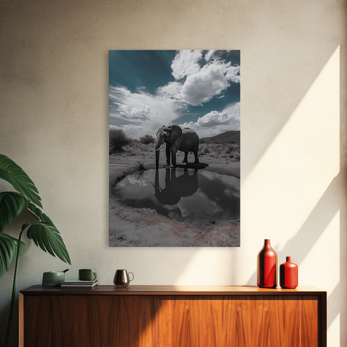 Elephant Reflection, Watering Hole, Savannah Sky, Framed Canvas Print, Wildlife Wall Art, Safari Style Decor, Nature Photography