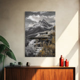 Mountain Escape, Cabin Retreat, Black White Landscape, Framed Canvas Print, Rustic Cabin Art, Bedroom Wall Decor, Nature Lodge Decor