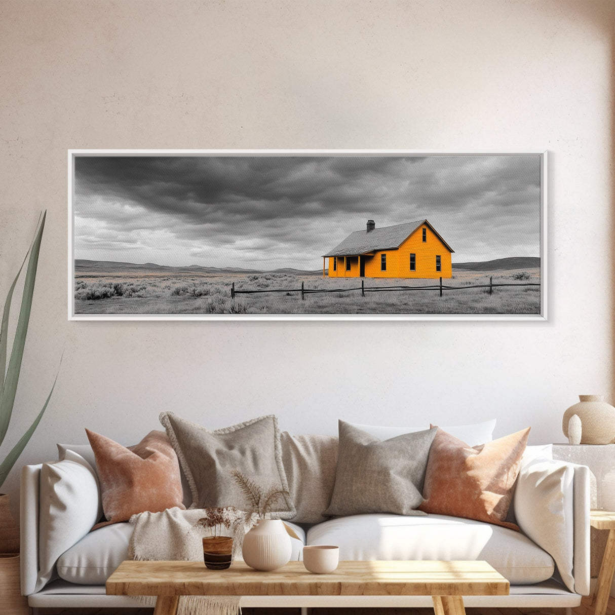 Yellow House, Stormy Sky, Minimalist Landscape, Rural Farmhouse, Framed Canvas Print, Rustic Wall Decor, Living Room Wall Art
