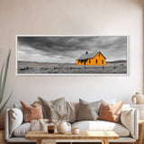 Yellow House, Stormy Sky, Minimalist Landscape, Rural Farmhouse, Framed Canvas Print, Rustic Wall Decor, Living Room Wall Art