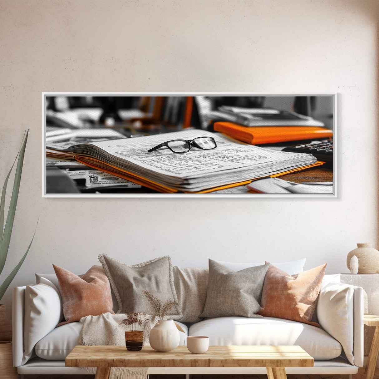 Open Book, Glasses, Orange Folders, Writer Desk, Framed Canvas Print, Study Room Wall Art, Vintage Academic Aesthetic