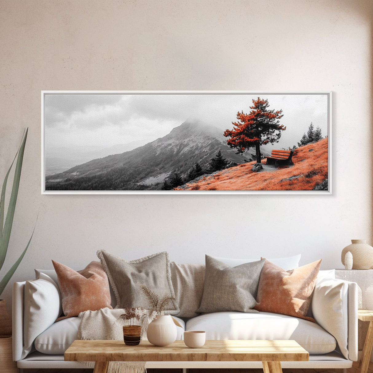Scenic Bench, Autumn Hills, Serene Vista, Orange Tree — Framed Canvas Print, Minimalist Landscape Art, Fall Home Decor, Bedroom Wall Art