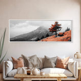 Scenic Bench, Autumn Hills, Serene Vista, Orange Tree — Framed Canvas Print, Minimalist Landscape Art, Fall Home Decor, Bedroom Wall Art