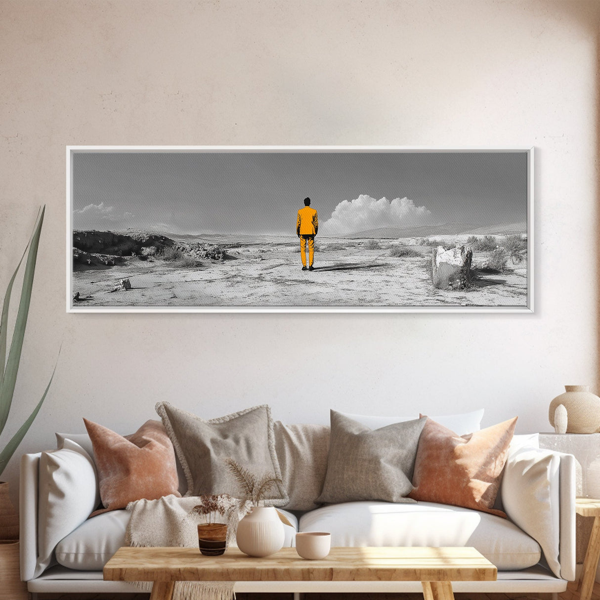 Yellow Suit, Surreal Desert, Lone Wanderer, Conceptual Art — Framed Canvas Print, Modern Art, Office Decor, Minimalist Statement Piece
