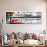 Lake Swing, Autumn Tree, Lakeside Serenity, Color Pop — Framed Canvas Print, Cozy Home Decor, Fall Living Room Art, Whimsical Wall Print