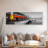 Waterfront Market, Urban Vibes, Boats and Shops, City Harbor — Framed Canvas Print, Kitchen Wall Art, Modern Cityscape, Vibrant Wall Decor
