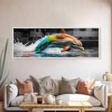 Color Splash Dolphin, Ocean Leap, Vibrant Marine, Joyful Moment — Canvas Print, Bathroom Decor, Beach House Wall Art, Pop Art Style
