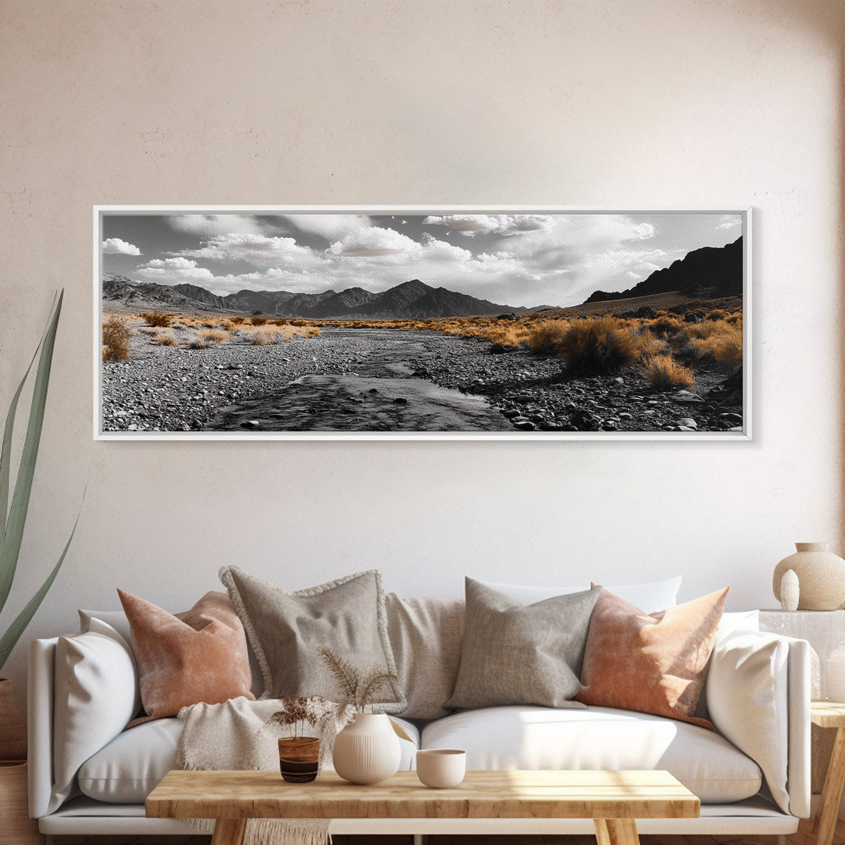 Desert Creek, Rugged Mountains, Golden Shrubs, Nature Path — Framed Canvas Print, Autumn Wall Decor, Rustic Office Art, Landscape Canvas