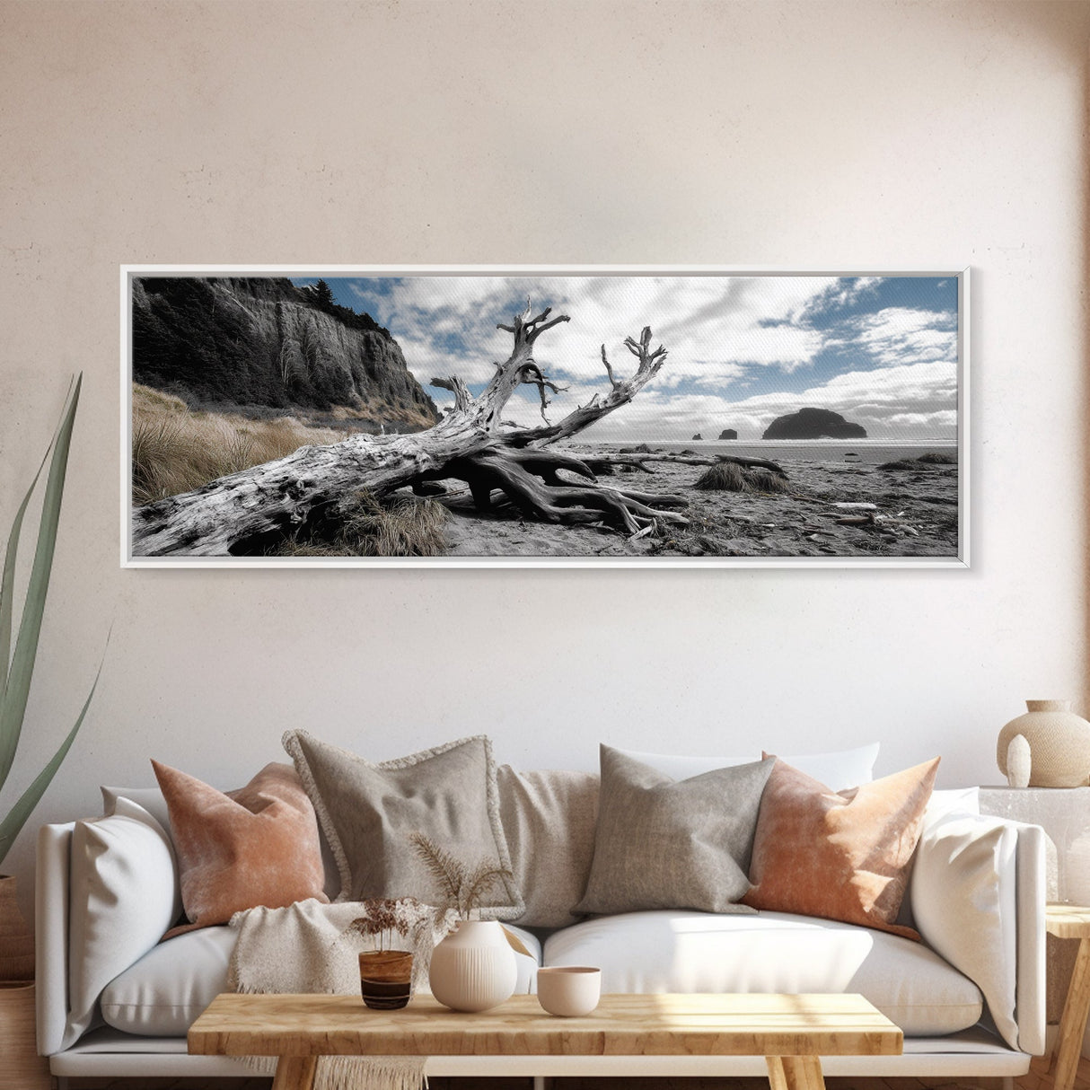 Driftwood, Coastal Tree, Beach Skeleton, Ocean Landscape, Framed Canvas Print, Coastal Decor, Neutral Tones, Office Wall Art
