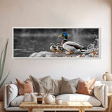 Duck Family, Nature Scene, Wildlife Birds, Lake Reflections, Framed Canvas Print, Nursery Decor, Cozy Art, Nature Lover Gift