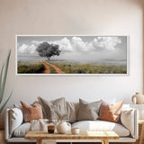 Lone Tree, Meadow Path, Dreamy Field, Cloudy Sky, Framed Canvas Print, Calm Decor, Entryway Wall Art, Soft Focus Nature