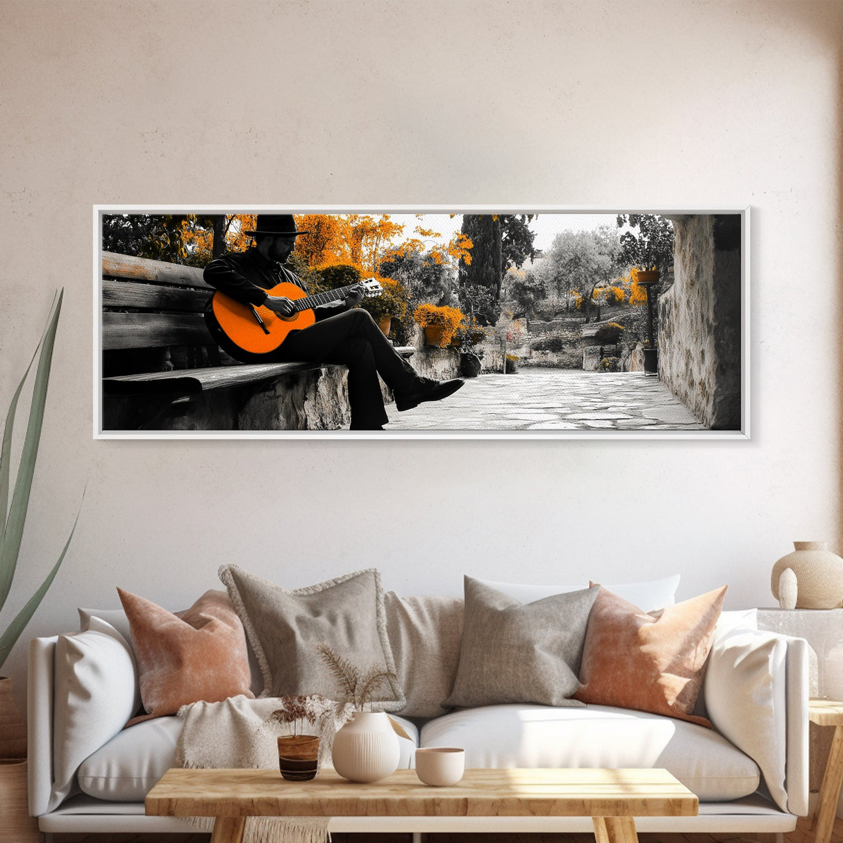 Spanish Guitar, Rustic Music Scene, Autumn Colors, Framed Canvas Print, Fall Wall Art, Living Room Decor, Folk Art, Warm Rustic Charm