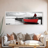 Red Boat Dock, Lonely Harbor View, Seaside Silence, Framed Canvas Print, Nautical Wall Art, Beach House Decor, Moody Coastal Vibes