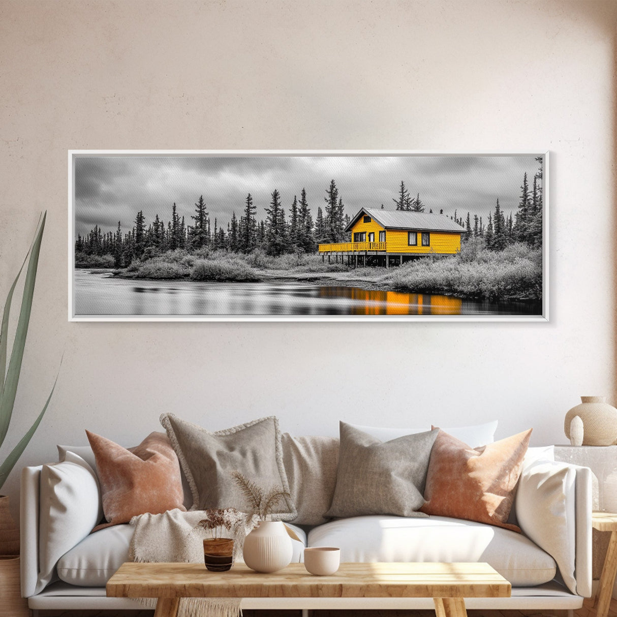 Yellow Cabin, Forest River View, Wilderness Retreat, Framed Canvas Print, Rustic Wall Art, Lodge Decor, Cozy Nature Landscape Style