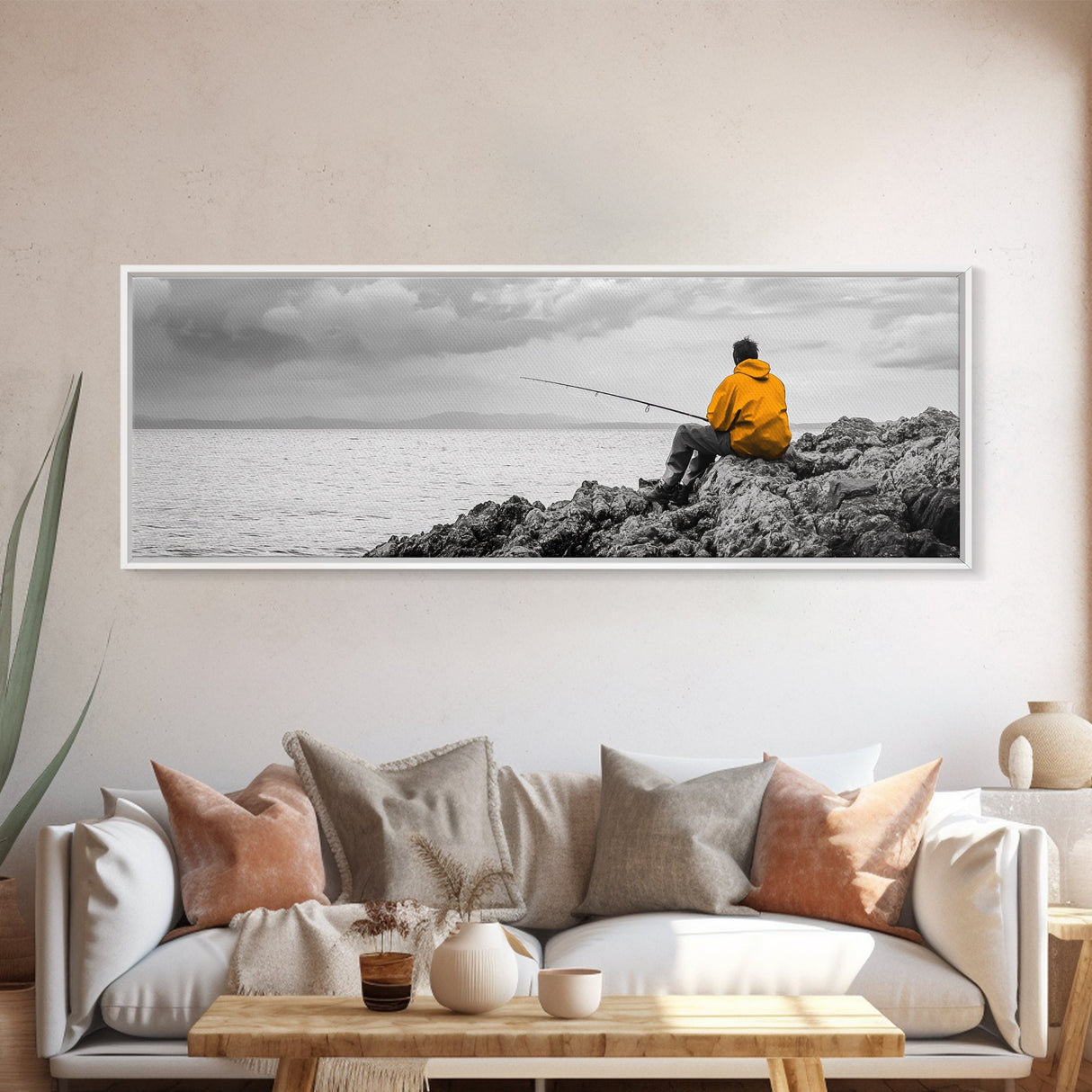 Peaceful Angler View, Yellow Hoodie Fisherman, Canvas Print, Minimalist Seaside Wall Art, Coastal Living Room Art, Fishing Lover Gift