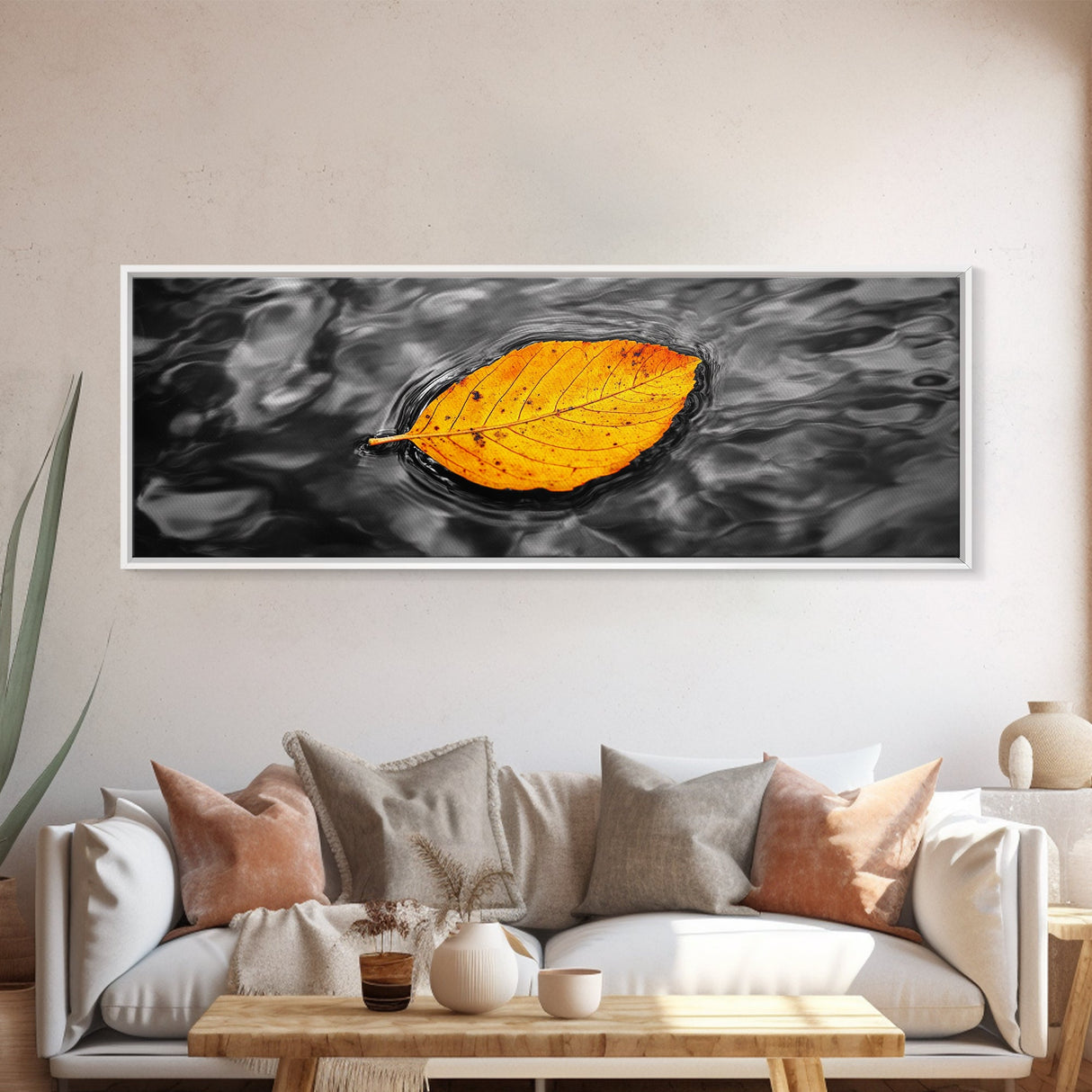 Floating Autumn Leaf, Orange Leaf on Water, Framed Canvas Print, Fall Bathroom Wall Art, Nature Closeup Photography, Minimalist Decor