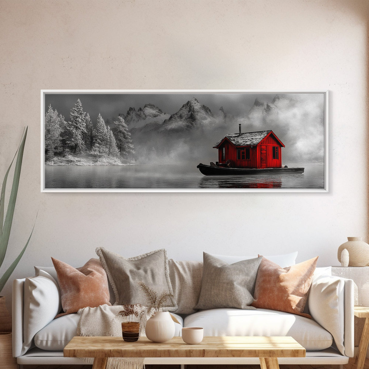 Red Cabin in Fog, Mountain Lake Boat House, Canvas Print, Winter Lodge Wall Art, Moody Nature Decor, Black and White Landscape Art