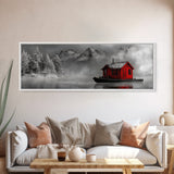 Red Cabin in Fog, Mountain Lake Boat House, Canvas Print, Winter Lodge Wall Art, Moody Nature Decor, Black and White Landscape Art