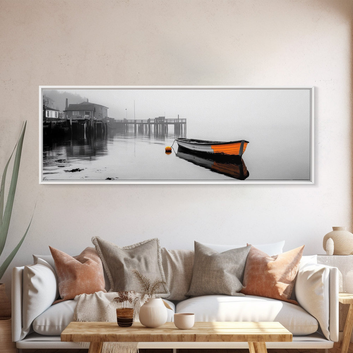 Harbor Rowboat Reflection, Foggy Dock Scene, Framed Canvas Print, Coastal Minimalist Wall Art, Seaside Entryway Decor, Moody Ocean Art